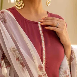 HERE&NOW Women Embroidered Regular Kurta with Trousers & With Dupatta image 3