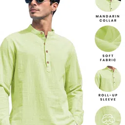 AMRIT TOP WEAR Band Collar Roll-Up Sleeves Cotton Straight Kurta image 2