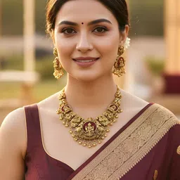 KARATCART Gold-Plated Crystals Stone-Studded Goddess Lakshmi Temple Antique Jewellery Set image 3