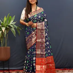 Royal Rajgharana Saree Floral Zari Pure Silk Patola N Blue Sarees-image-3