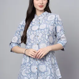 BAESD Floral Print Mandarin Collar Roll-Up Sleeves Ethnic Cotton Top-picture-34