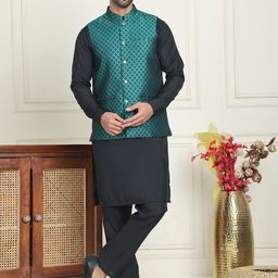 Anouk Black Band Collar Jacquard Straight Kurta With Pyjamas & Nehru Jackets-picture-2