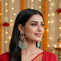 TESSARA Silver-Plated Kundan Studded And Beaded Geometric Shaped Drop Earrings image 2