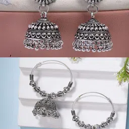 Anouk Set Of 2 German Silver-Plated Traditional Oxidised Dome Shaped Jhumkas-picture-40