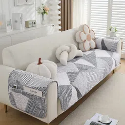 HOKIPO White & Grey Printed Waterproof 2 Seater Sofa Cover & 2 Armrest Covers With Pockets image 3