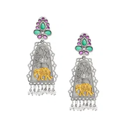 Shining Jewel - By Shivansh Silver-Plated Cubic Zirconia Studded Oxidised Drop Earrings image 4