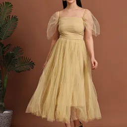 CORSICA Puff Sleeve Net Fit & Flare Midi Dress-picture-26