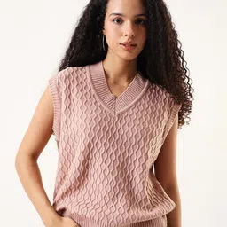 High Star Women Solid Self Design V-Neck Sweater Vest-picture-27