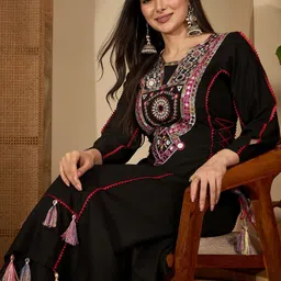 sangria Black Women Soft Rayon Embroidery Work Kurta With Palazzo image 5