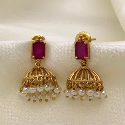 SUNERAA Gold-Plated Artificial Stones Studded & Beaded Dome Shaped Antique Jhumkas-picture-41