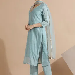 Jaipur Kurti Ethnic Motifs Embroidered Chanderi Silk Kurta With Trousers & Dupatta image 4