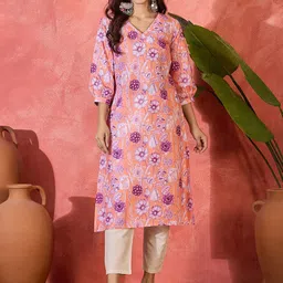 Sangria Women Floral Printed V-Neck Puff Sleeves Straight Kurta-image-14
