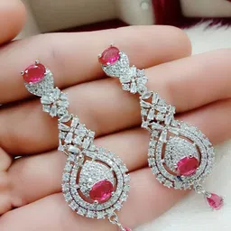 The Pari Rhodium-Plated American Diamond Studded Teardrop Shaped Drop Earrings image 4