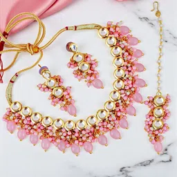 LUCKY JEWELLERY 18K Gold-Plated Meenakari Kundan Stone Studded & Beaded Jewellery Set image 5