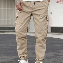 VOGAAN Men Solid Mid-Rise Relaxed Fit Cargos Trousers-image-90