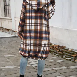 Outzidr Women Checked Longline Tailored Jacket with Patchwork image 2