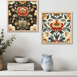 WALLLANE Brown & White 2 Pieces Floral & Botanical Indian Madhubani Wooden Wall Art-picture-35