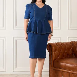 Orchid Blues Women V-Neck Denim Peplum Dress-picture-29