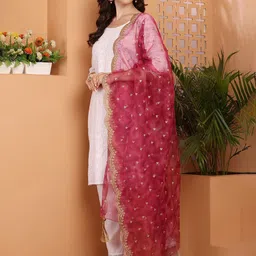 Bunkraft Floral Embroidered Thread Work Organza Dupatta image 2