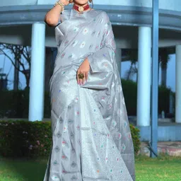 Areca Designer Ethnic Motifs Zari Linen Blend Banarasi Saree-image-61