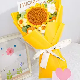 Ekhasa Yellow & Green Sunflower Crochet Artificial Flowers Bouquet-image-78