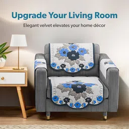 Kuber Industries White & Blue Printed Cotton Sofa Cover With Arms image 4