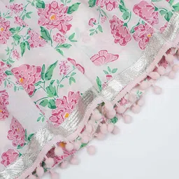 Little Bansi Girls Floral Printed A-Line Pure Cotton Kurta With Sharara & Dupatta image 4