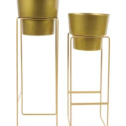 THREADVIBE LIVING Gold-Toned 2 Pieces Textured Modern Planters With Elegant Stands image 2