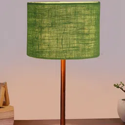 Aura Green & Copper Toned Traditional Cylindrical Shaped Jute Shade Wooden Table Lamp image 5