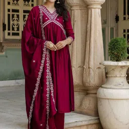 Navlik Women Embroidered Regular Thread Work Kurta with Trousers & With Dupatta-picture-22