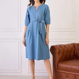 Orchid Blues Denim A-Line Midi Dress-image-48