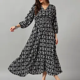 Raiyani Fashion Geometric Printed V-Neck A-Line Flared Midi Dress-image-82
