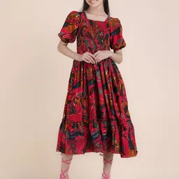STARWORD Kids-Girls Floral Print Puff Sleeve Fit & Flare Midi Dress-picture-12