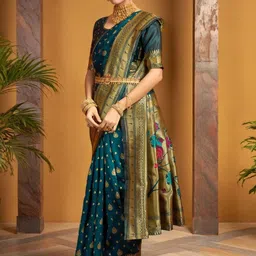 Mitera Woven Design Zari Silk Blend Handloom Paithani Saree image 4