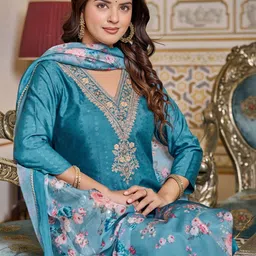 HERE&NOW Women Floral Embroidered Regular Thread Work Kurta with Trousers & With Dupatta image 5