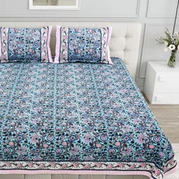 Urban Jaipur Blue & Pink Floral 186 TC King Bedsheet with 2 Pillow Covers-image-39