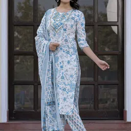 KALINI Paisley Printed Mirror Work Straight Pure Cotton Kurta With Trousers & Dupatta image 3
