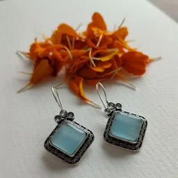 Suvasana Silver-Plated Artificial Stones Studded Oxidised Diamond Shaped Drop Earrings-picture-14
