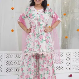 Little Bansi Girls Floral Printed A-Line Pure Cotton Kurta With Sharara & Dupatta-picture-13