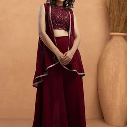 PARROT CREATION Sweta Embroidered Halter Neck Georgette Crop Top With Palazzos & Shrug-picture-40