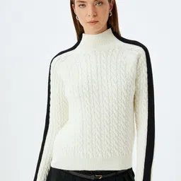 Koton Women Colourblocked Cable Knit Pullover-picture-25
