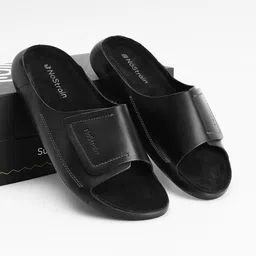 Broad Strap Leather Sliders for men in Jet Black color.-image-6