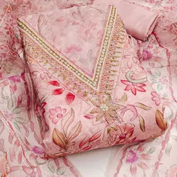SAINOOR Floral Printed Embroidered Beads And Stones Organza Semi-Stitched Dress Material-image-7