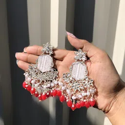 MEIRA JEWELLERY Silver-Plated Kundan Studded & Beaded Contemporary Drop Earrings-picture-21