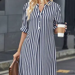 StyleCast x Revolte Wpmen Striped Printed Mandarin Collar A-Line Midi Dress image 1