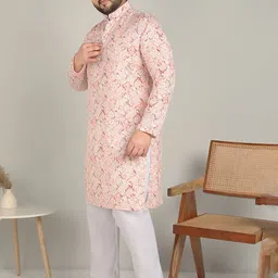 ADWYN PETER Men Floral Printed Asymmetric Mandarin Collar Kurta image 4