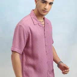 HIGHLANDER Men Cuban Collar Textured Solid Cotton Relaxed Fit Casual Shirt image 4