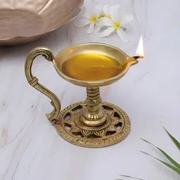 Two Moustaches Brass Aarti Diya with Handle image 3