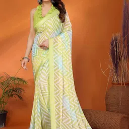 peachmode Mint Green Zig-Zag Print Satin Saree with Unstitched Blouse Piece-picture-15