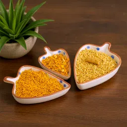 voidrop Ceramic Serving Platter (Set of 3) Small Leaf-Shaped Plates Perfect for Serving Sweets, Cookies, Dry Fruits, Mouth Freshner & Snacks (Blue & White) image 2